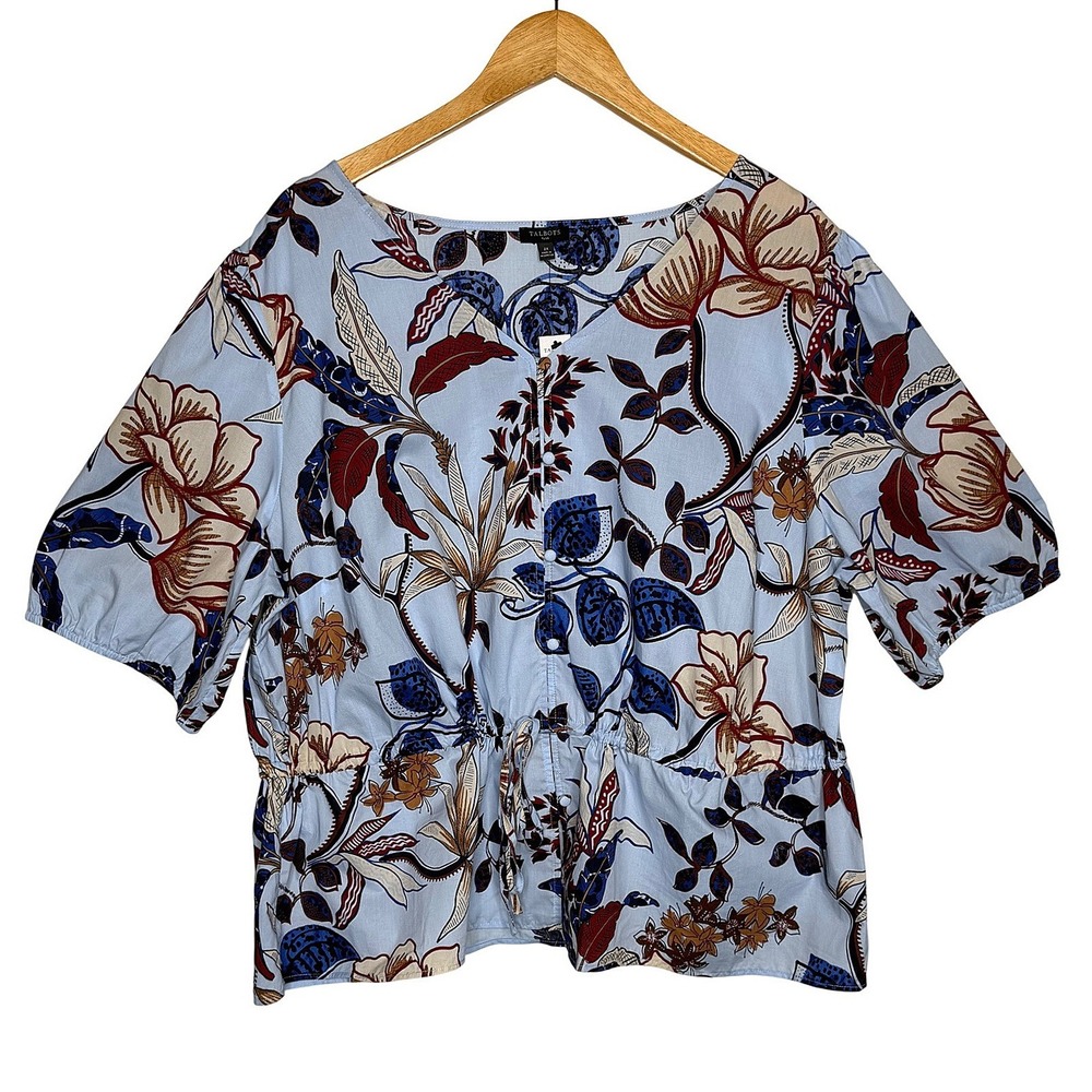 NWT Talbots Plus 2X Floral V-Neck Drawstring Peplum Top Light Blue Cotton Casual